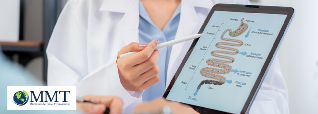 Healthcare provider showing intestines and stomach illustration on tablet to patient