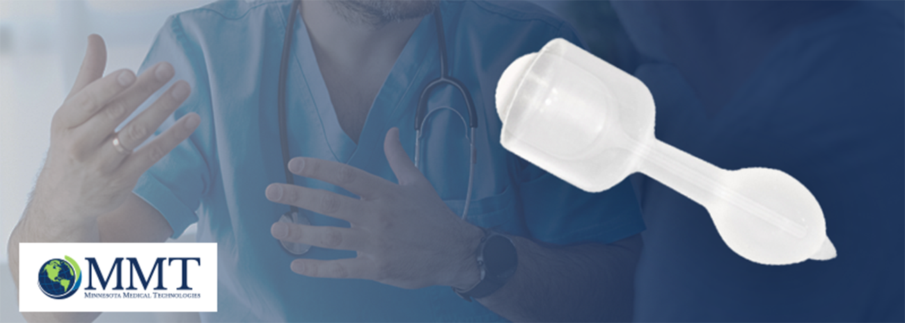 Medical professionals speaking with blue overlay and StaySure fecal incontinence insert product on top