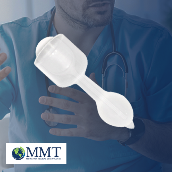 Medical professionals speaking with blue overlay and StaySure fecal incontinence insert product on top