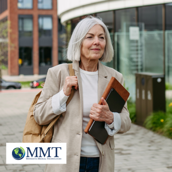 Image shows older woman carrying books and shoulder bag in urban setting