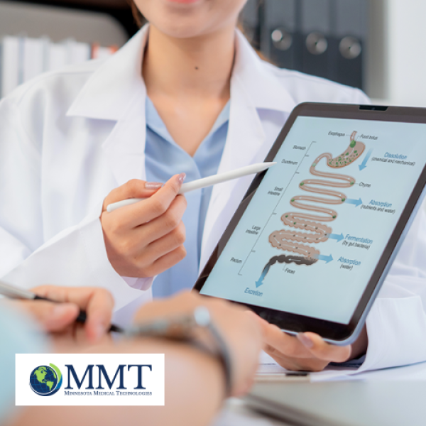 Healthcare provider showing intestines and stomach illustration on tablet to patient